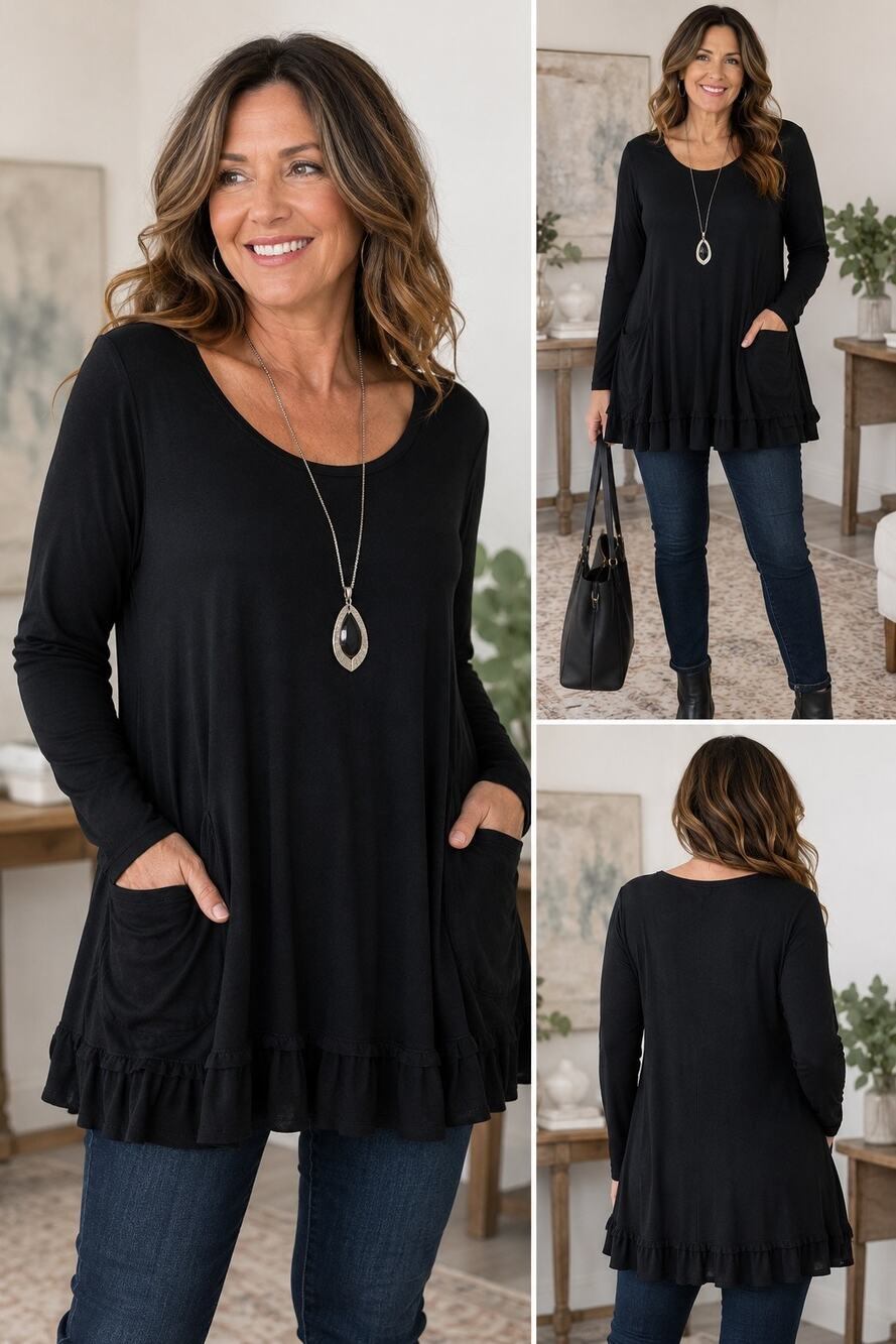 LOGO by Lori Goldstein Black Tunic Top M Long Sleeve Ruffle Hem Pocket Top Lagen